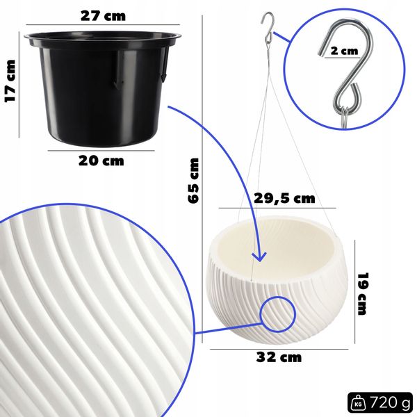 Donica Doniczka Wisząca Okrągła Misa Biała 29,5cm zdjęcie 3