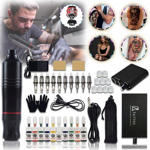 ZESTAW MASZYNKA DO TATUAŻU PEN ROTACYJNA TUSZ 37w1 dla początkujących na Arena.pl