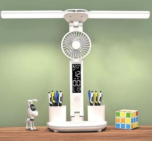 Lampka LED biurkowa z wentylatorem zegarem i wyświetlaczem 7w1 biała na Arena.pl
