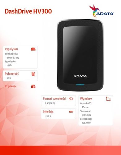 Adata DashDrive HV300 4TB 2.5 USB3.1 Czarny na Arena.pl