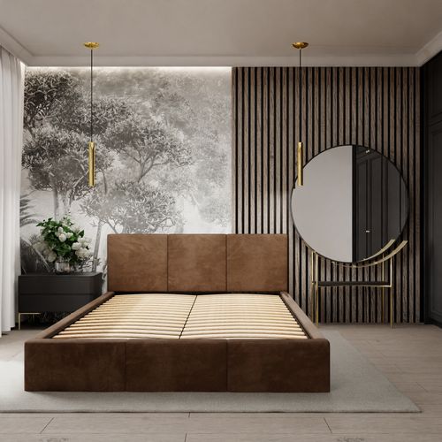 ŁÓŻKO TAPICEROWANE DO SYPIALNI 140x200 ŁÓŻKO PODWÓJNE Z POJEMNIKIEM BRĄZOWE na Arena.pl