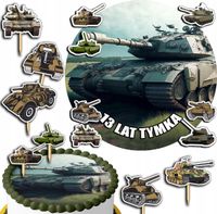 ZESTAW OPŁATEK NA TORT 20CM + TOPPERY PAPIEROWE - WOJSKO CZOŁG 15CM 18CM