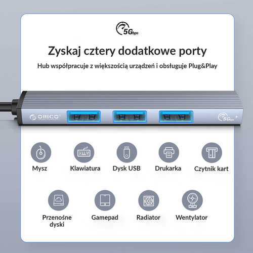 Orico Hub USB-C, USB-A 5Gbps, 3*USB-A 2.0, alumini na Arena.pl