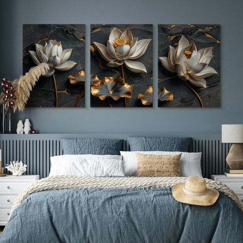 Obrazy Do Salonu Set Abstrakcyjne Białe Kwiaty Lotosu Glamour 90cm x 40cm na Arena.pl