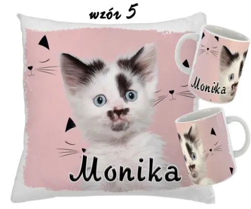 Zestaw KUBEK + PODUSZKA KOTY KOT + RÓŻNE WZORY + IMIĘ UNIKALNY WYJĄTKOWY na Arena.pl