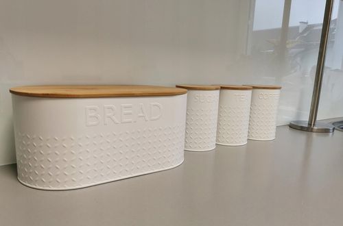 ZESTAW 5W1 CHLEBAK + POJEMNIKI NA KAWĘ CUKIER HERBATĘ DESKA KROJENIA CHZ03 na Arena.pl