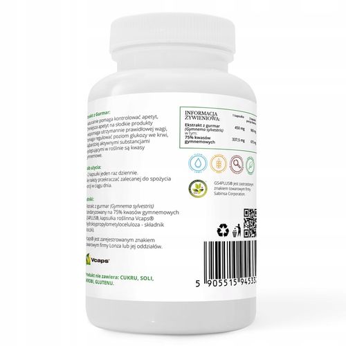 Gurmar GS4 75% kwasów gymnemowych ODCHUDZANIE, CUKIER, APETYT 90 kapsułki na Arena.pl