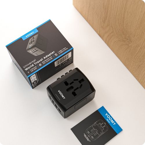 Wtyczka światowa VOOMY - 170+ krajów, 20W, 3 USB-A & 1 USB-C, Czarna na Arena.pl