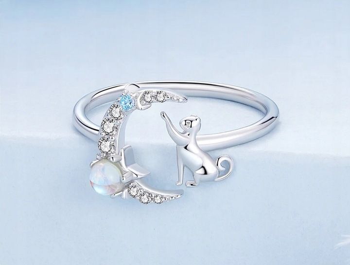 Pierścionek srebrny KSIĘŻYC KOT kamień księżycowy regulowany s925 +pudełko zdjęcie 3