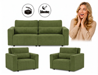 Zestaw wypoczynkowy kanapa sofa rozkładana 2 fotele zielony khaki sztruks