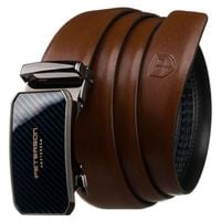 skórzany pasek męski w brązowym kolorze z automatyczną, srebrną klamrą