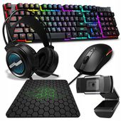 ZESTAW GAMINGOWY KLAWIATURA MYSZKA SŁUCHAWKI RGB LED PODKŁADKA KAMERA 5W1