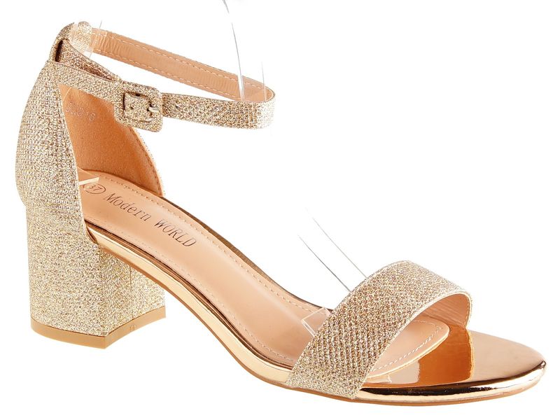 Sandały na obcasie słupku 6 cm. szampańskie brokatowe Rozmiar obuwia - 37 zdjęcie 1