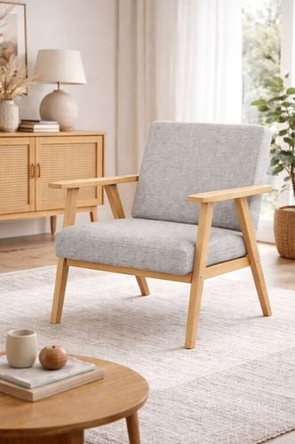 Fotel PRL wypoczynkowy salon balkon szary drewno naturalne na Arena.pl