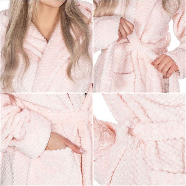 Szlafrok damski z polaru rozm. L/XL z kapturem i paskiem różowy zdjęcie 4