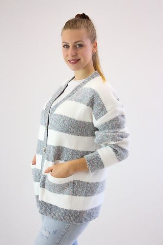 Zapinany ciepły sweter w pasy Karla Biało-turkusowy UNI na Arena.pl