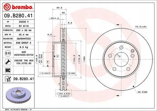 TARCZA HAM PRZOD 295X28 V BREMBO na Arena.pl