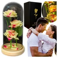 PIĘKNA SZTUCZNA WIECZNA RÓŻA POTRÓJNA W SZKLE KWIAT LAMPKA OŚWIETLENIE +BAT