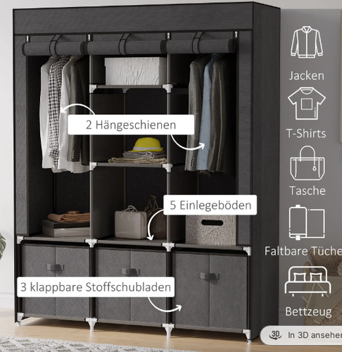 Szafa materiałowa garderoba z 3 szufladami szara wieszak na Arena.pl