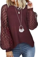 Sweter damski bluzka waflowa długi rękaw koronka bordowa okrągły dekolt