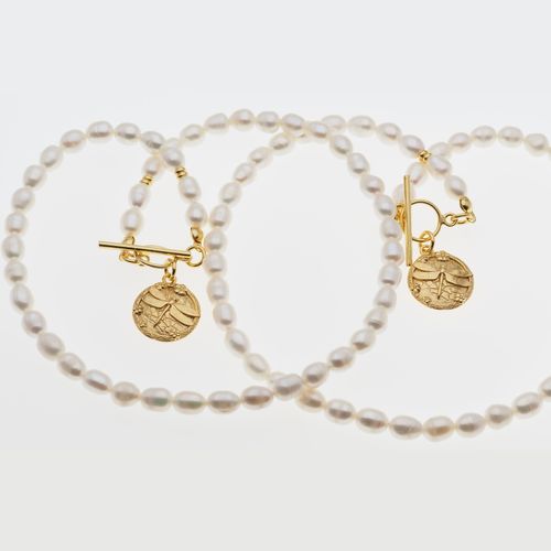 Naszyjnik z ważką - Białe Perły hodowane i srebro złocone na Arena.pl