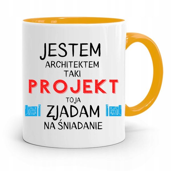 Kubek Żółty Architekta Zjadam Na Śniadanie Prezent Z Nadrukiem Ze Zdjęciem zdjęcie 1