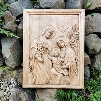 Płaskorzeźba drewniana Święta Rodzina III w ramie prezent na ślub 40 cm