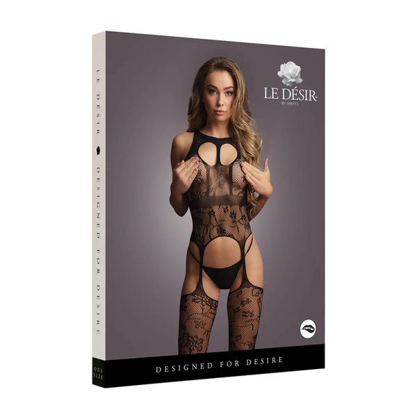 Lace Suspender Bodystocking With Round Neck - One Size zdjęcie 2
