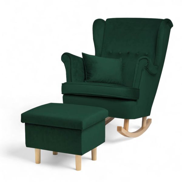 ZIelony Fotel Bujany Uszak + Podnóżek ze schowkiem + Poduszka