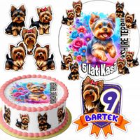 OPŁATEK NA TORT 20CM + 16 POSTACI - PSY Yorkshire Terrier + IMIĘ 15CM 18CM