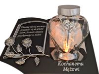 MĄŻ MĘŻOWI SOLARNY ZNICZ LAMPION NA GRÓB SERCE SZKŁO SREBRO SKOS SENTENCJA