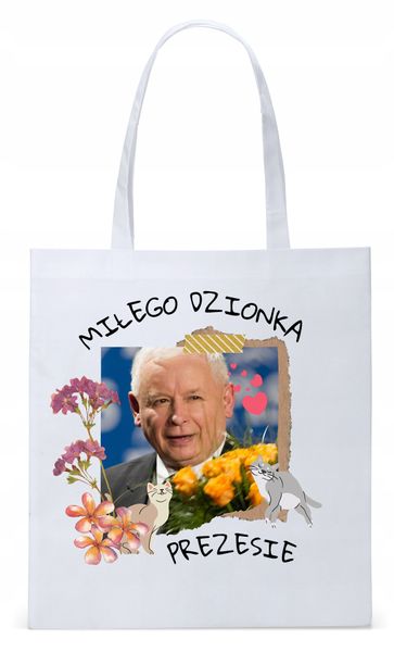 Śmieszny Pis Kaczyński Torba Eco Biała Shopper Z Nadrukiem Ze Zdjęciem zdjęcie 1