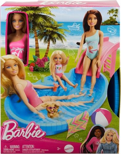 LALKA BARBIE BASEN zestaw basen ze zjeżdżalnią + lalką Barbie w kostiumie na Arena.pl
