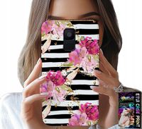 ETUI DO SAMSUNG A6 2018 - KWIATKI W CZARNO - BIAŁE PASKI WZORY