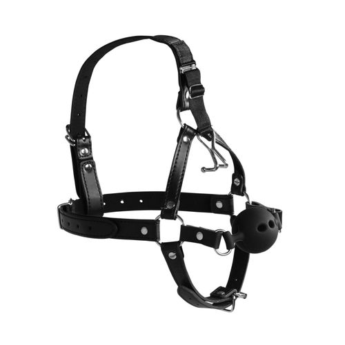 head harness with breathable ball gag and nose hooks   black na Arena.pl