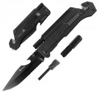 Nóż składany ratowniczy, mini latarka, krzesiwo, zbijak, czarny