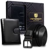 zestaw prezentowy: skórzany, pionowy portfel męski w czarnym kolorze