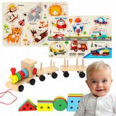 ZESTAW UKŁADANKI I POCIĄG DREWNIANE PUZZLE SORTER MONTESSORI NA PREZENT