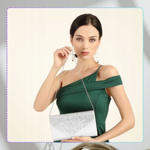 Srebrna Torebka Kopertówka Błyszcząca Wizytowa Damska portfel łańcuszek na Arena.pl