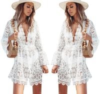 LETNIA TUNIKA PLAŻOWA AŻUROWA SUKIENKA DAMSKA BIAŁA KORONKA PAREO BOHO