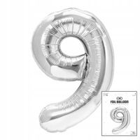 BALON FOLIOWY CYFRĄ CYFERKA 9 SREBRNA NA IMPREZE URODZINOWĄ 40cm