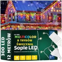 Lampki świąteczne zewnętrzne sople 300 led grube przewody multicolor
