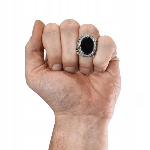 Sygnet srebrny Wąż pr. 925 Pierścień z Owalnym Onyksem i wężem | r. 20 na Arena.pl