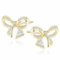 DELIKATNE POZŁACANE SREBRNE KOLCZYKI WKRĘTKI KOKARDY KOKARDKI BIAŁE CYRKONI