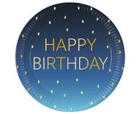 Talerzyki papierowe niebieskie Happy Birthday, 23 cm 8 szt.