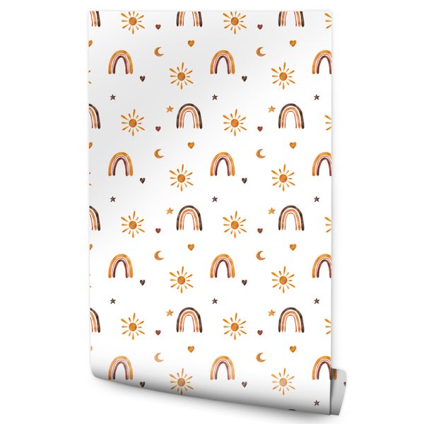 Tapeta Ścienna Do Pokoju Dziecka TĘCZE Gwiazdy Słońce Akwarela Styl Boho zdjęcie 1