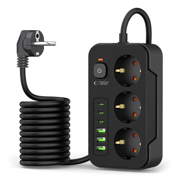 tech-protect pc3x6 power strip 3 usb & 3 type-c & 3 socket 200cm black zdjęcie 2