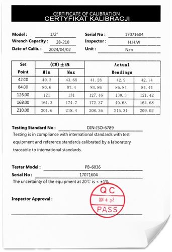 KLUCZ DYNAMOMETRYCZNY 1/2 28-210Nm CrMO & CrV do KÓŁ CERTYFIKAT KALIBRACJI na Arena.pl