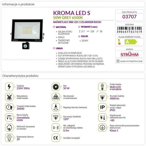 Naświetlacz LED KROMA 50W +PIR 6500K 03707 STRUHM zdjęcie 3