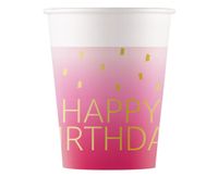 Kubeczki papierowe różowe Happy Birthday, 8 szt.